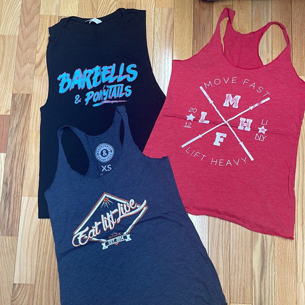 THREE Lifting Tank Tops Doughnuts & Deadlifts MFLH Barbells and Ponytails